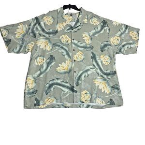 Tommy Bahama Mens XXL‎ Silk Shirt Gray Floral Banana Leaf Aloha Camp Relaxed Fit